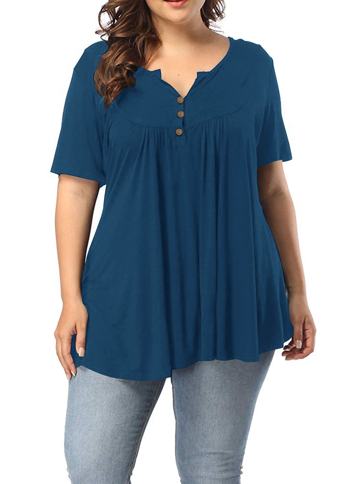 Women's Plus Size Henley V Neck Button up Tunic Tops Casual Short Blouse Shirts -