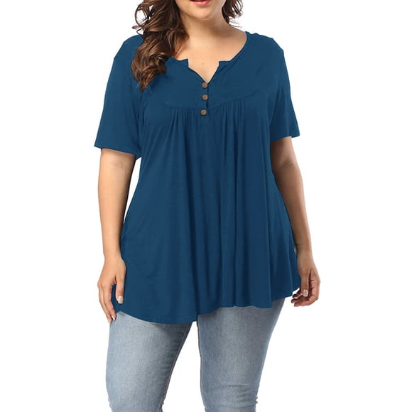 Women's Plus Size Henley V Neck Button up Tunic Tops Casual Short Sleeve Blouse Shirts