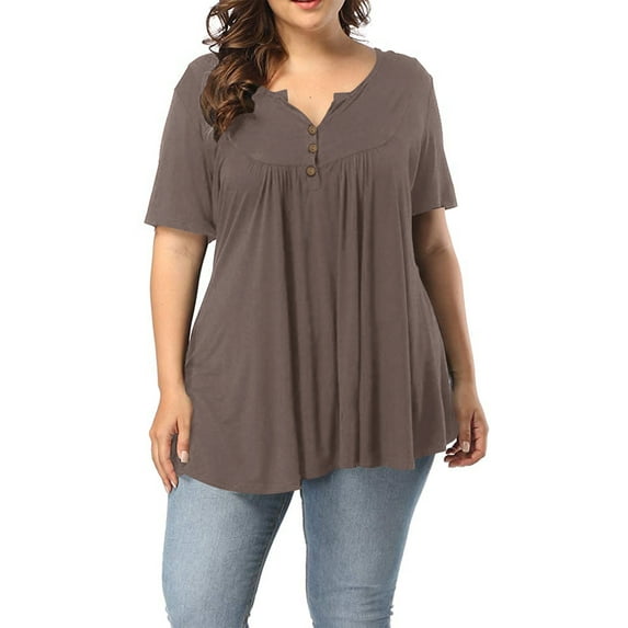 Women's Plus Size Henley V Neck Button up Tunic Tops Casual Short Sleeve Blouse Shirts