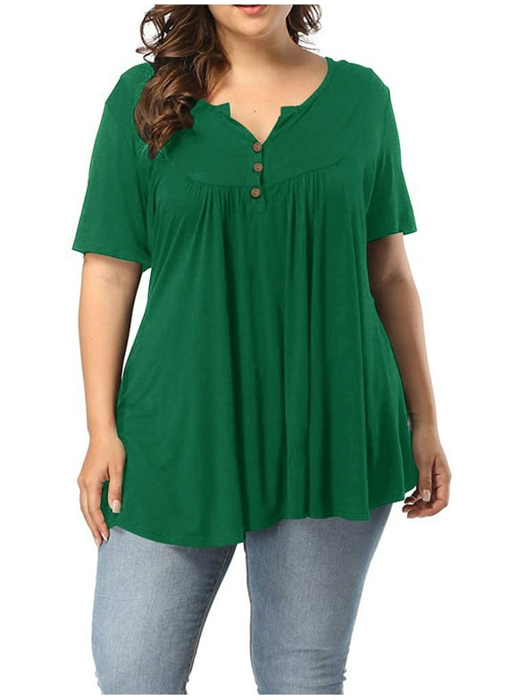 Women's Plus Size Henley V Neck Button up Tunic Tops Casual Short Sleeve Blouse Shirts