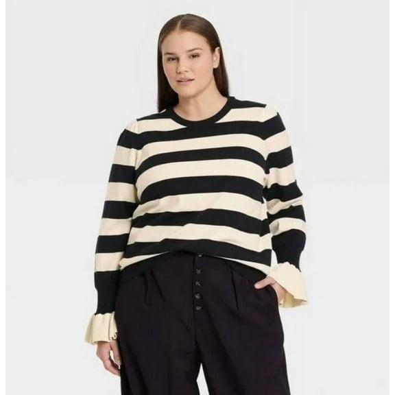 Women's Plus Size High Neck Pullover Sweater - Who What Wear Black Striped 2X