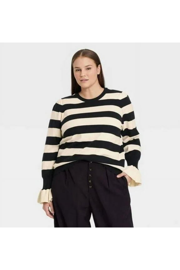 Women's Plus Size High Neck Pullover Sweater - Who What Wear Black Striped 2X