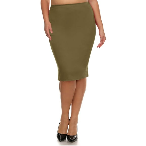 Moa Collection Women's Plus Size High Waist Casual Lightweight Solid Pencil Midi Skirt