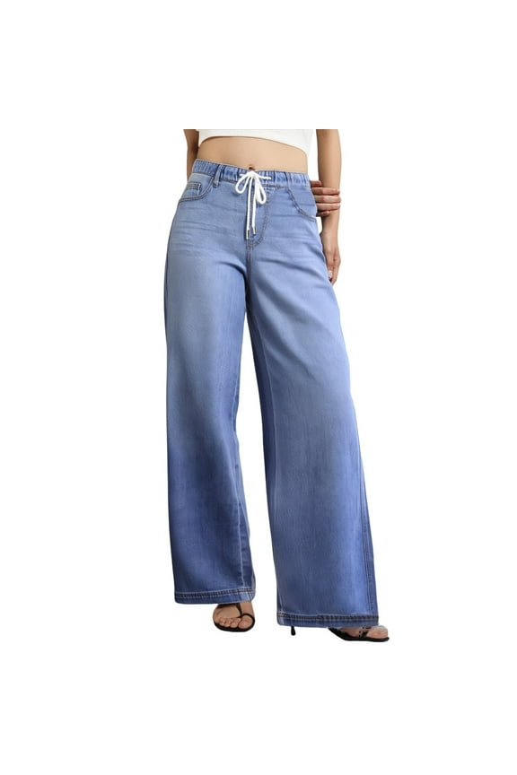 Women's Plus Size High Waist Drawstring Wide Leg Jeans