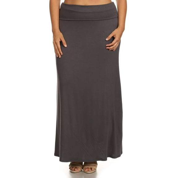 Moa Collection Women's Plus Size High Waist Foldable Elastic Band Relaxed Fit Solid Maxi Skirt