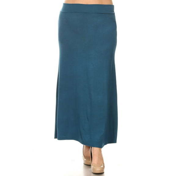 Moa Collection Women's Plus Size High Waist Foldable Elastic Band Relaxed Fit Solid Maxi Skirt