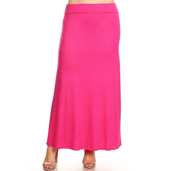 Moa Collection Women's Plus Size High Waist Foldable Elastic Band Relaxed Fit Solid Maxi Skirt