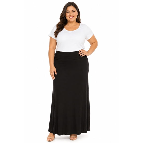 Women's Plus Size High Waist Foldable Elastic Band Relaxed Fit Solid Maxi Skirt