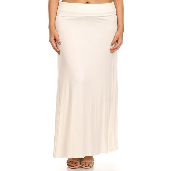 Moa Collection Women's Plus Size High Waist Foldable Elastic Band Relaxed Fit Solid Maxi Skirt