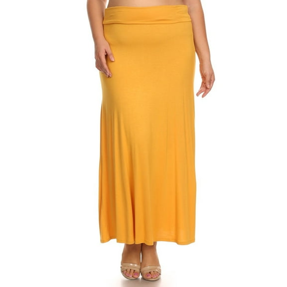Moa Collection Women's Plus Size High Waist Foldable Elastic Band Relaxed Fit Solid Maxi Skirt
