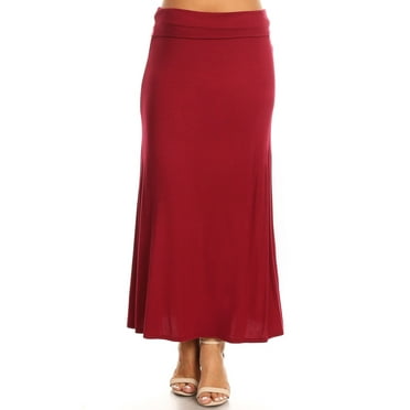 Moa Collection Women's Plus Size High Waist Foldable Elastic Band Relaxed Fit Solid Maxi Skirt