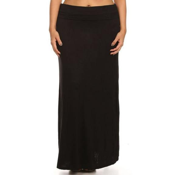 Moa Collection Women's Plus Size High Waist Foldable Elastic Band Relaxed Fit Solid Maxi Skirt