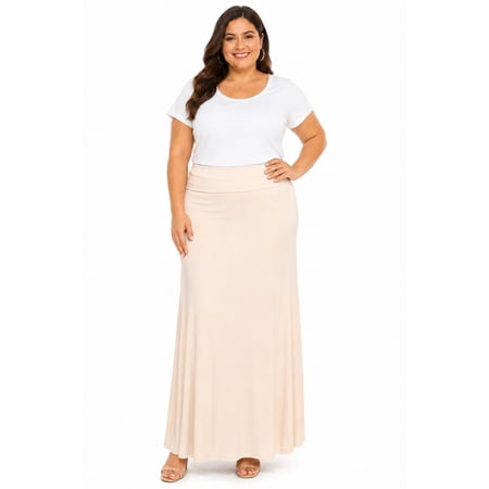 Women's Plus Size High Waist Foldable Elastic Band Relaxed Fit Solid Maxi Skirt