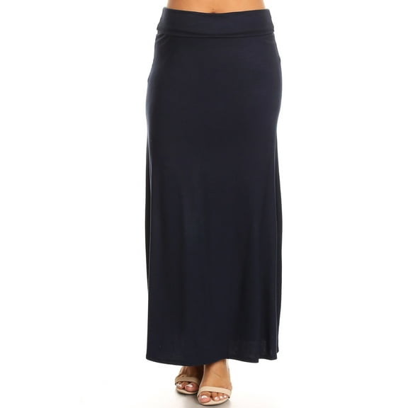 Moa Collection Women's Plus Size High Waist Foldable Elastic Band Relaxed Fit Solid Maxi Skirt