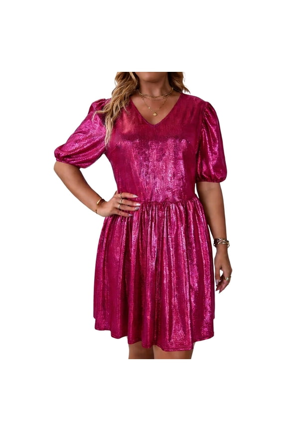Women's Plus Size High Waist Party Dress V-Neck Puff Short Sleeve Ruched A-Line Mini Dress Ideal for Wedding Guest and Date Nights