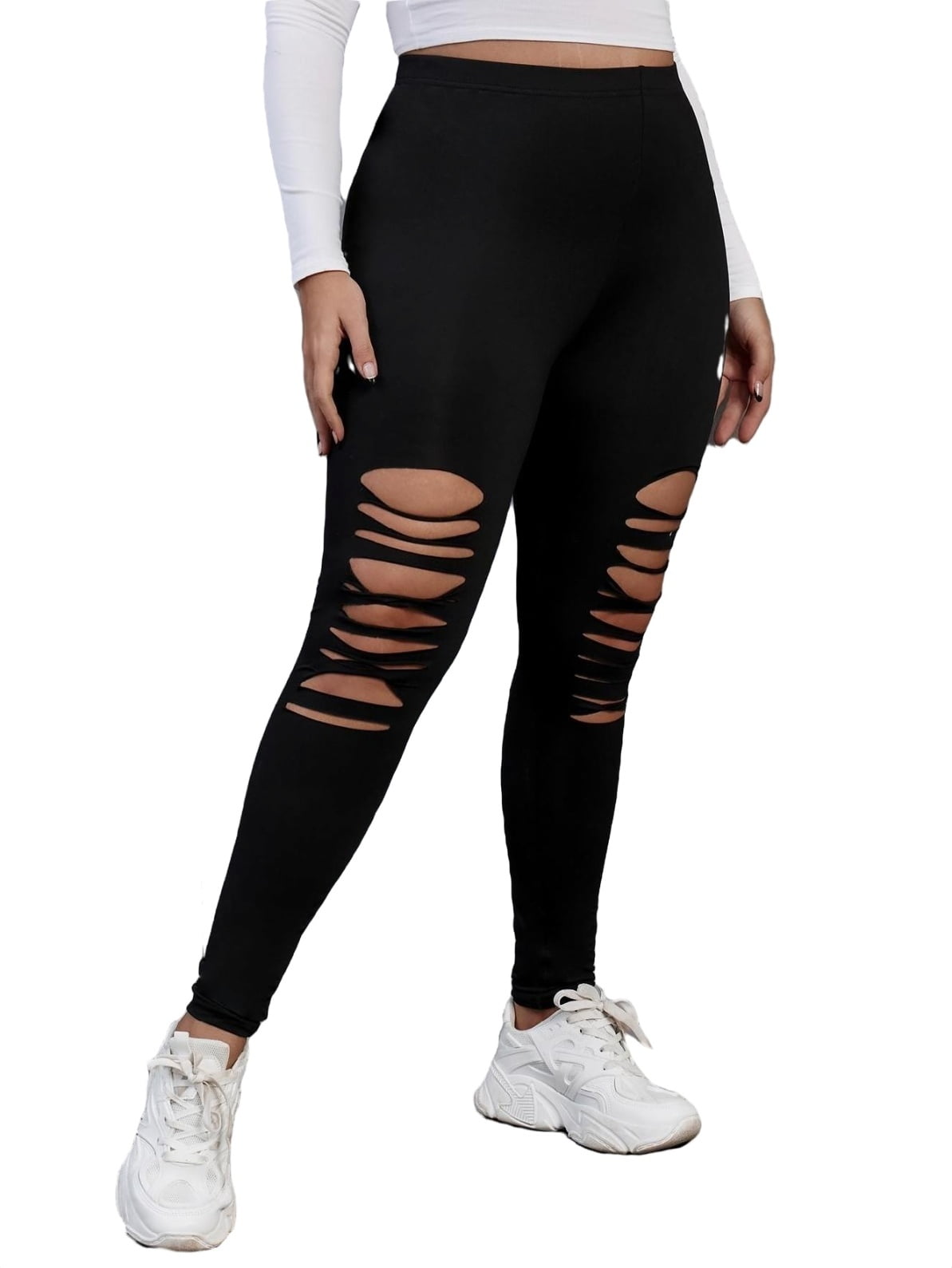 Women's Plus Size High Waist Solid Cutout Ripped Skinny Leggings