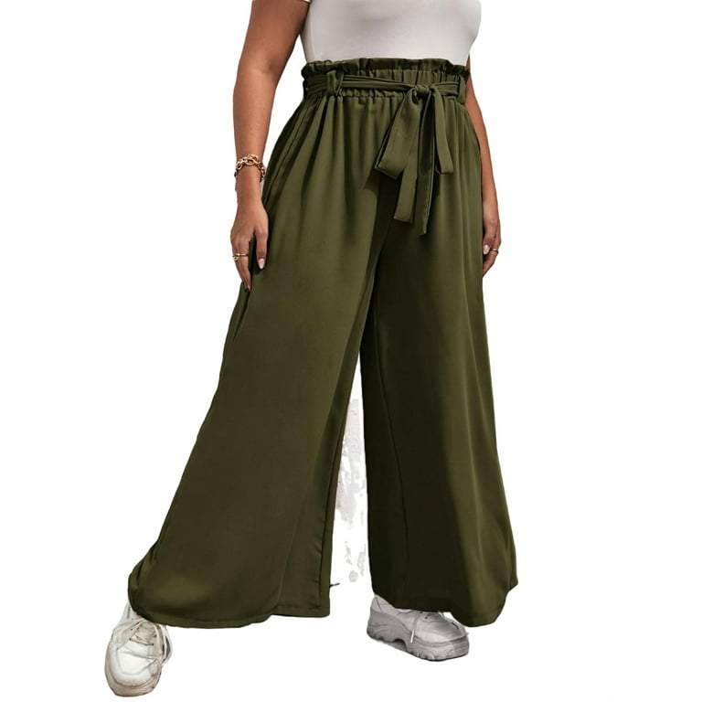 Women's Plus Size High Waist Trousers Paperbag Waist Wide Leg Tie Front  Pants 0XL(12)