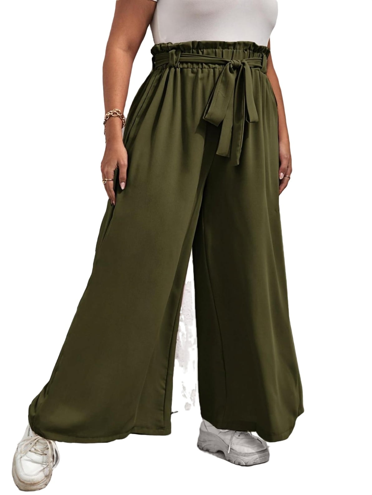 Women s Plus Size High Waist Trousers Paperbag Waist Wide Leg Tie Front Pants 3XL 18 Walmart