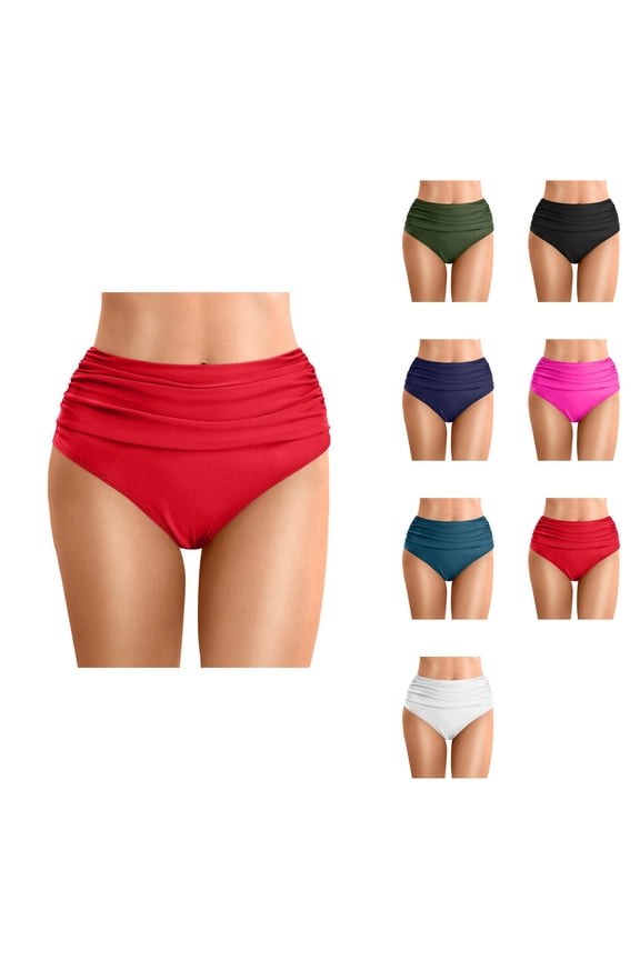 Women's Plus Size High Waisted Bikini Bottoms, Tummy Control Ruched Bathing Suit Swim Briefs with Full Coverage for Beach and Sports