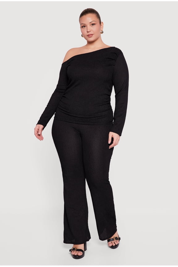 Women's Plus Size High Waisted Boot Cut Textured Knit Pants