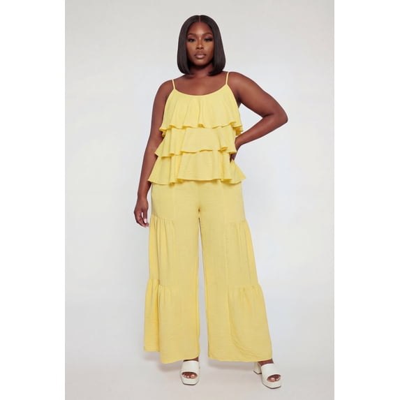 Women's Plus Size High Waisted Crepe Knit Tiered Palazzo Pants