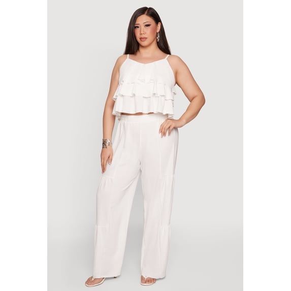 Women's Plus Size High Waisted Crepe Knit Tiered Palazzo Pants