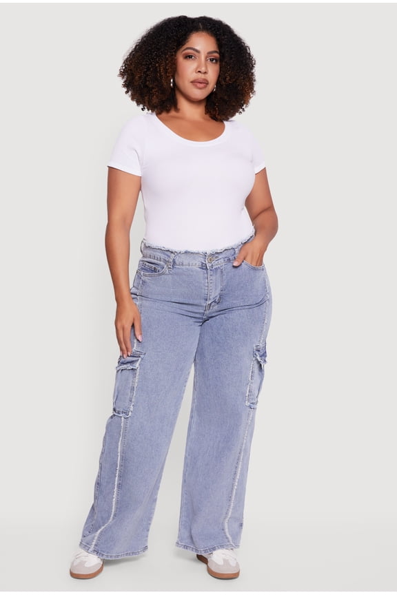 Women's Plus Size High Waisted Frayed Pintuck Acid Wash Jeans