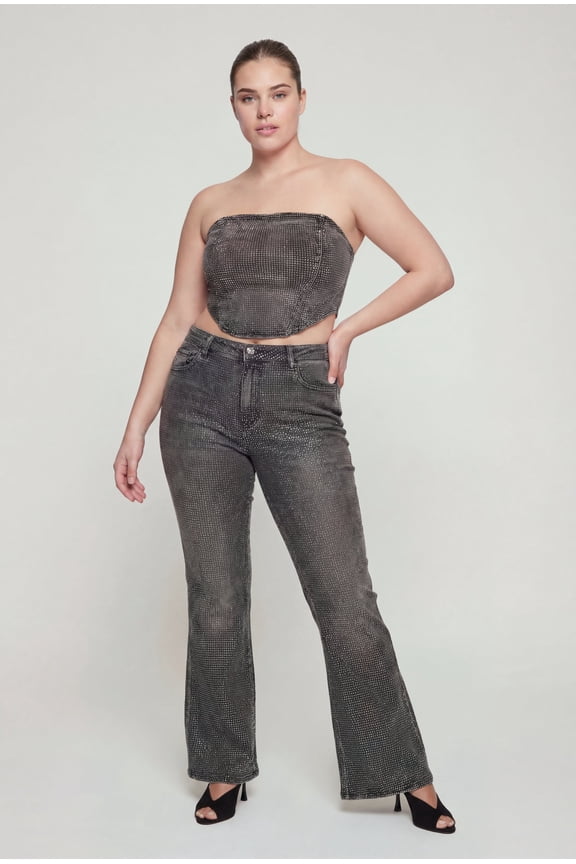 Women's Plus Size High Waisted Rhinestone Flare Leg Jeans