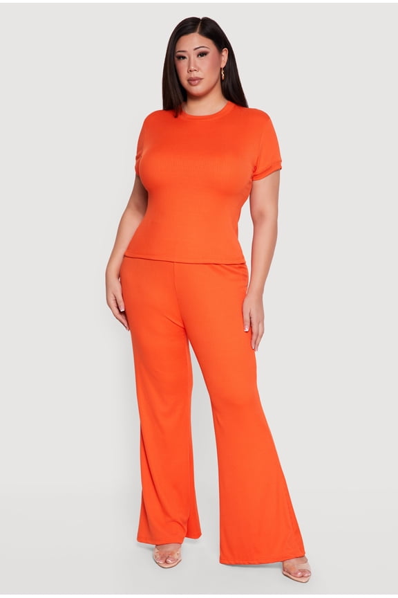 Women's Plus Size High Waisted Ribbed Knit Flare Pants