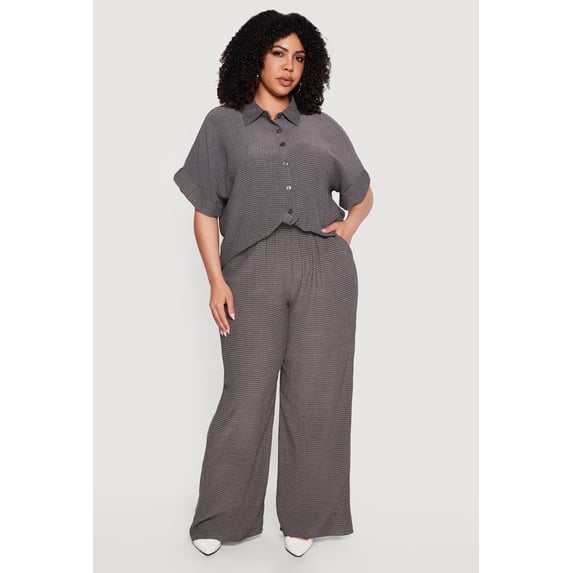 Women's Plus Size High Waisted Seersucker Wide Leg Pants