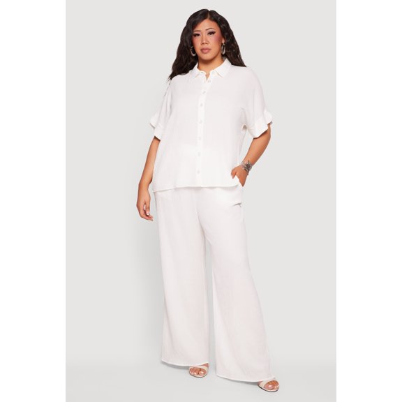 Women's Plus Size High Waisted Seersucker Wide Leg Pants