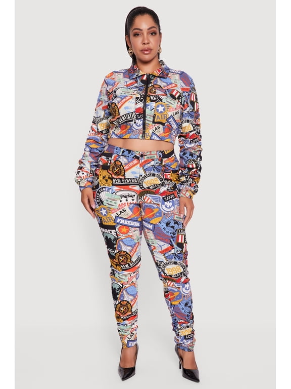 Women's Plus Size High Waisted Side Ruched Patterned Pants