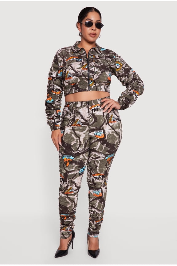Women's Plus Size High Waisted Side Ruched Patterned Pants