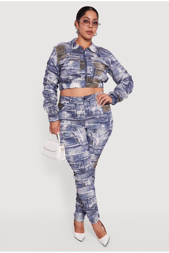 Women's Plus Size High Waisted Side Ruched Patterned Pants