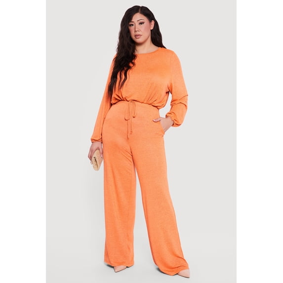 Women's Plus Size High Waisted Wide Leg Brushed Knit Pants