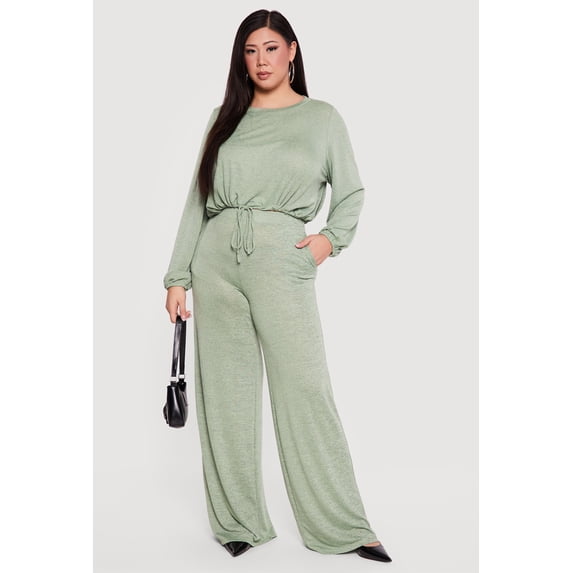 Women's Plus Size High Waisted Wide Leg Brushed Knit Pants