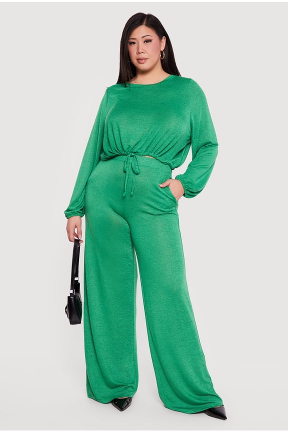 Women's Plus Size High Waisted Wide Leg Brushed Knit Pants