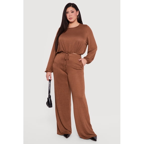 Women's Plus Size High Waisted Wide Leg Brushed Knit Pants