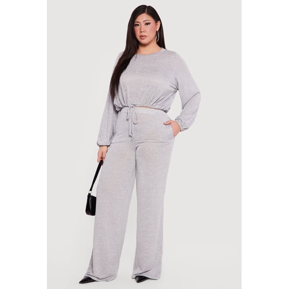 Women's Plus Size High Waisted Wide Leg Brushed Knit Pants