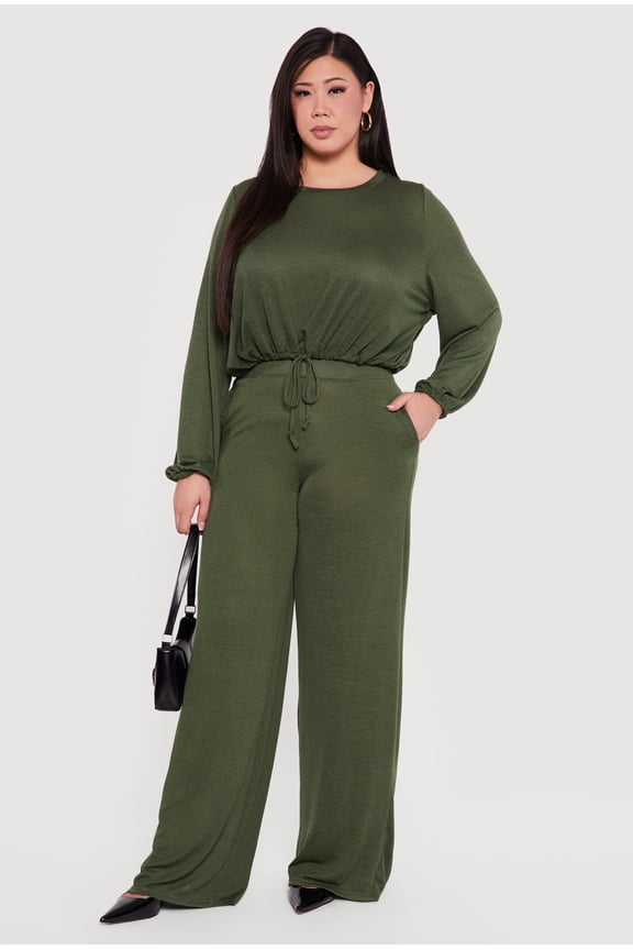Women's Plus Size High Waisted Wide Leg Brushed Knit Pants