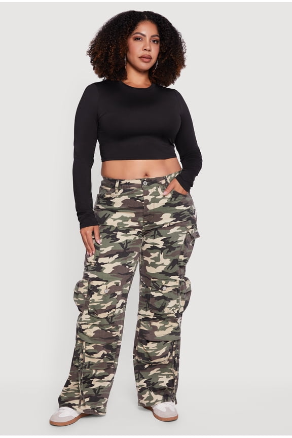 Women's Plus Size High Waisted Wide Leg Camouflage Cargo Pants