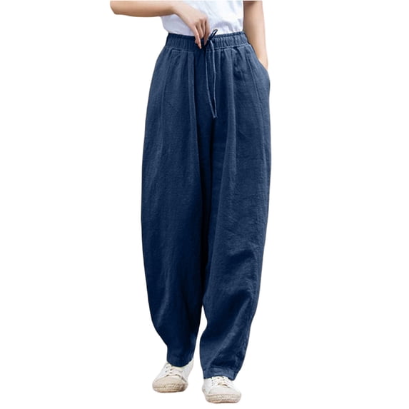 Women's Plus Size High Waisted Wide Leg Pants Casual Cotton Linen Feel Palazzo Trousers