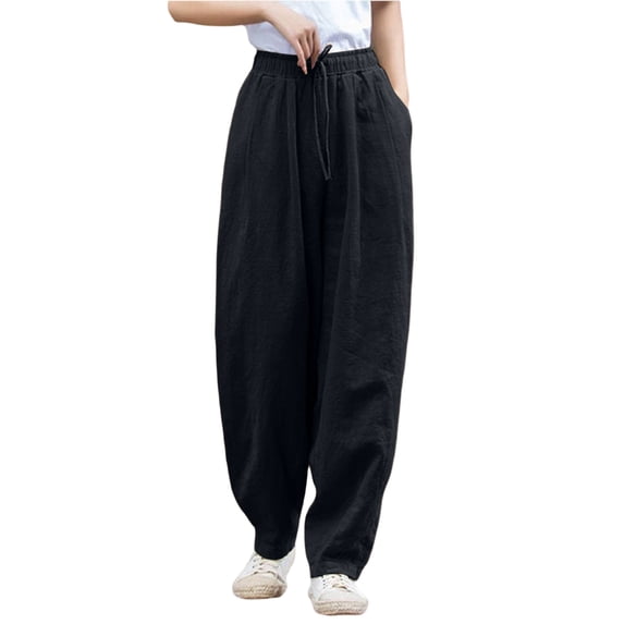 Women's Plus Size High Waisted Wide Leg Pants Casual Cotton Linen Feel Palazzo Trousers