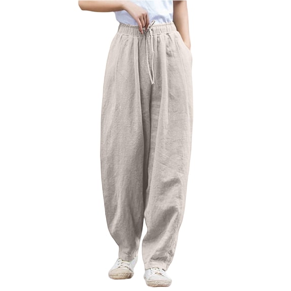 Women's Plus Size High Waisted Wide Leg Pants Casual Cotton Linen Feel Palazzo Trousers