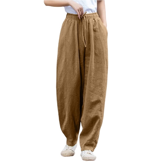 Women's Plus Size High Waisted Wide Leg Pants Casual Cotton Linen Feel Palazzo Trousers