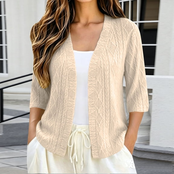 Women's Plus Size Hollow Out Cardigan, 3/4 Sleeve Loose Knit Open Front Top, Lightweight Breathable Layering Sweater for Spring Fall Summer Daily Wear Beige