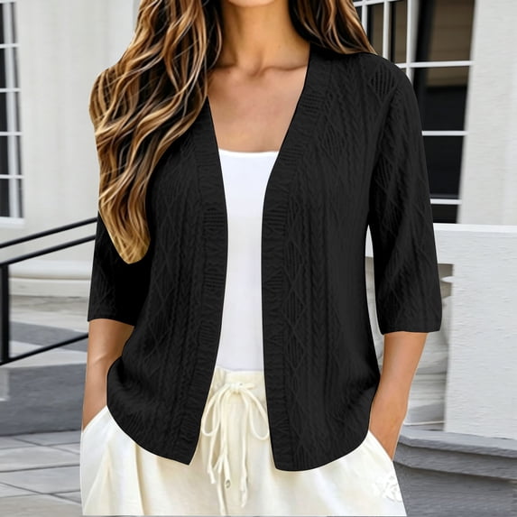 Women's Plus Size Hollow Out Cardigan, 3/4 Sleeve Loose Knit Open Front Top, Lightweight Breathable Layering Sweater for Spring Fall Summer Daily Wear Black