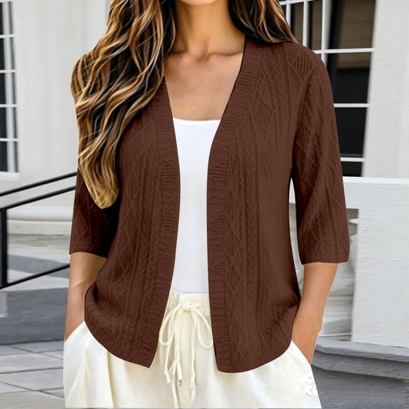 Women's Plus Size Hollow Out Cardigan, 3/4 Sleeve Loose Knit Open Front Top, Lightweight Breathable Layering Sweater for Spring Fall Summer Daily Wear Brown