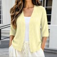 thumbnail image 1 of Women's Plus Size Hollow Out Cardigan, 3/4 Sleeve Loose Knit Open Front Top, Lightweight Breathable Layering Sweater for Spring Fall Summer Daily Wear Yellow, 1 of 6