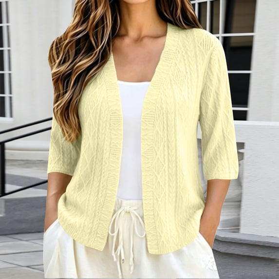 Women's Plus Size Hollow Out Cardigan, 3/4 Sleeve Loose Knit Open Front Top, Lightweight Breathable Layering Sweater for Spring Fall Summer Daily Wear Yellow